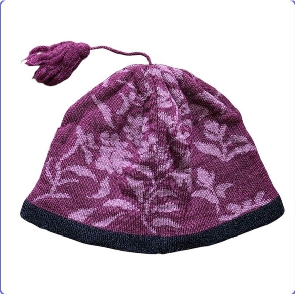 LL Bean Beanie Wool Knit Pom Winter Hat Purple Tassel Floral Flower Fleece Lined - Picture 6 of 6